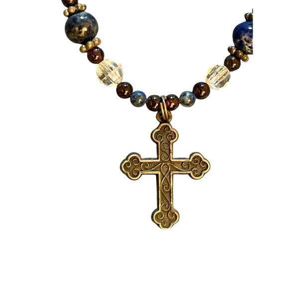 Cross Pendant Lapis Lazuli & Red Brown Art Glass and Crystal Beads Handmade - Picture 2 of 7